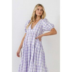 English Factory Tuckernuck Gingham Puff Sleeve Tiered Midi Dress Purple White XS